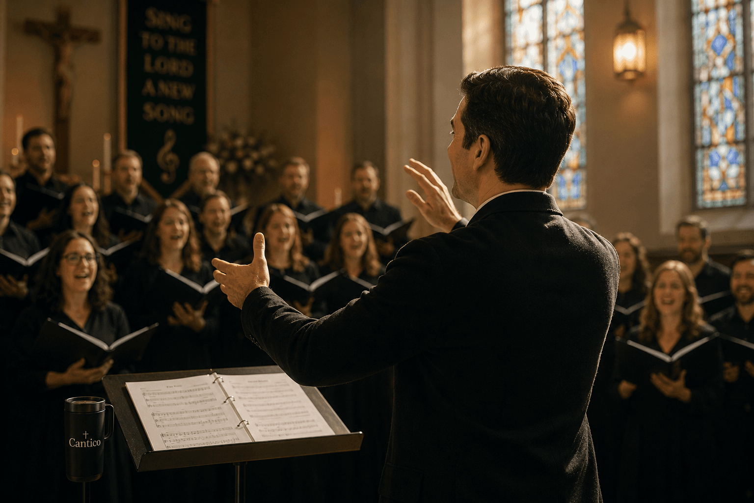 Choir director leading a full choir during Mass