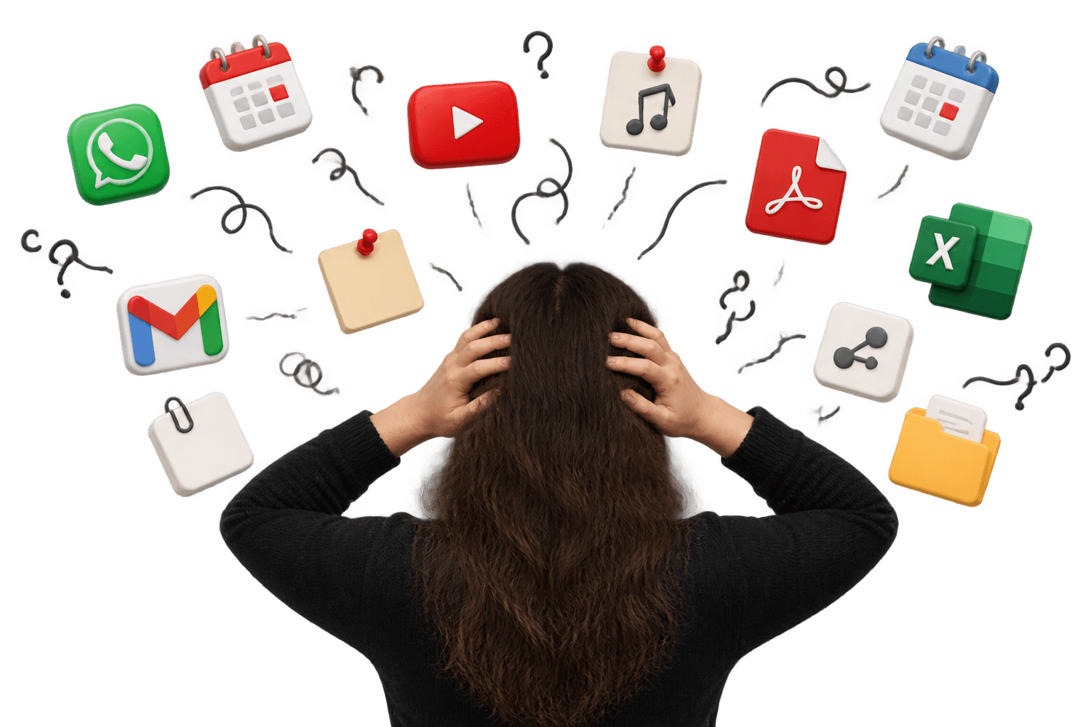Overwhelmed director surrounded by scattered apps and tools