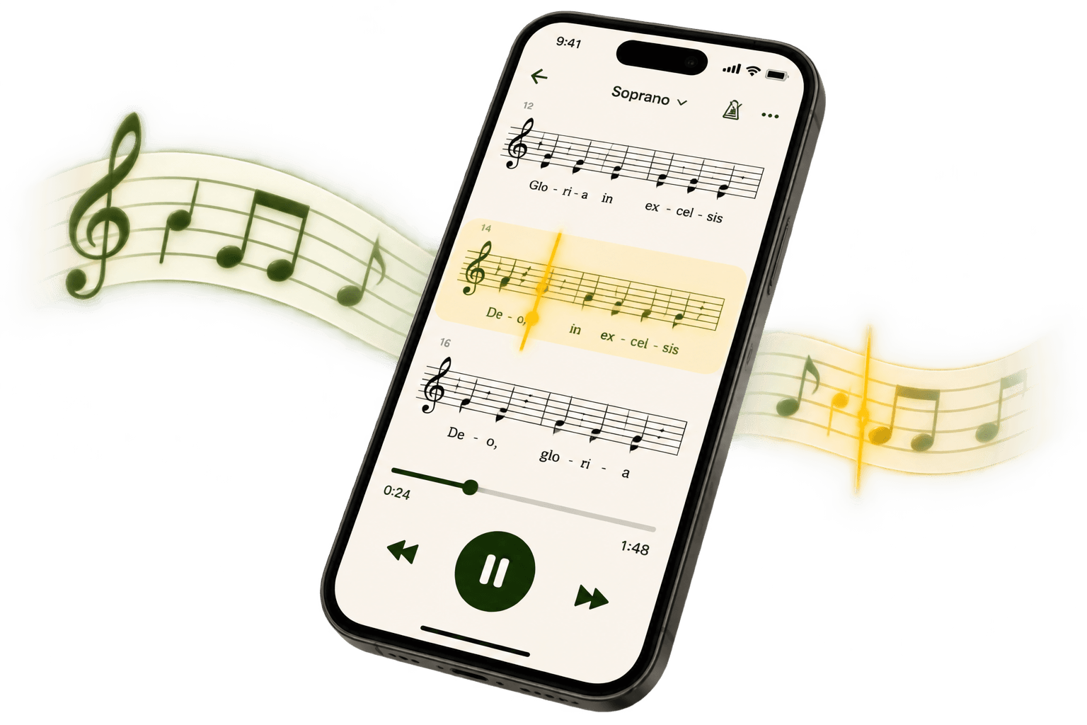 Phone screen showing sheet music with the current line highlighted during playback