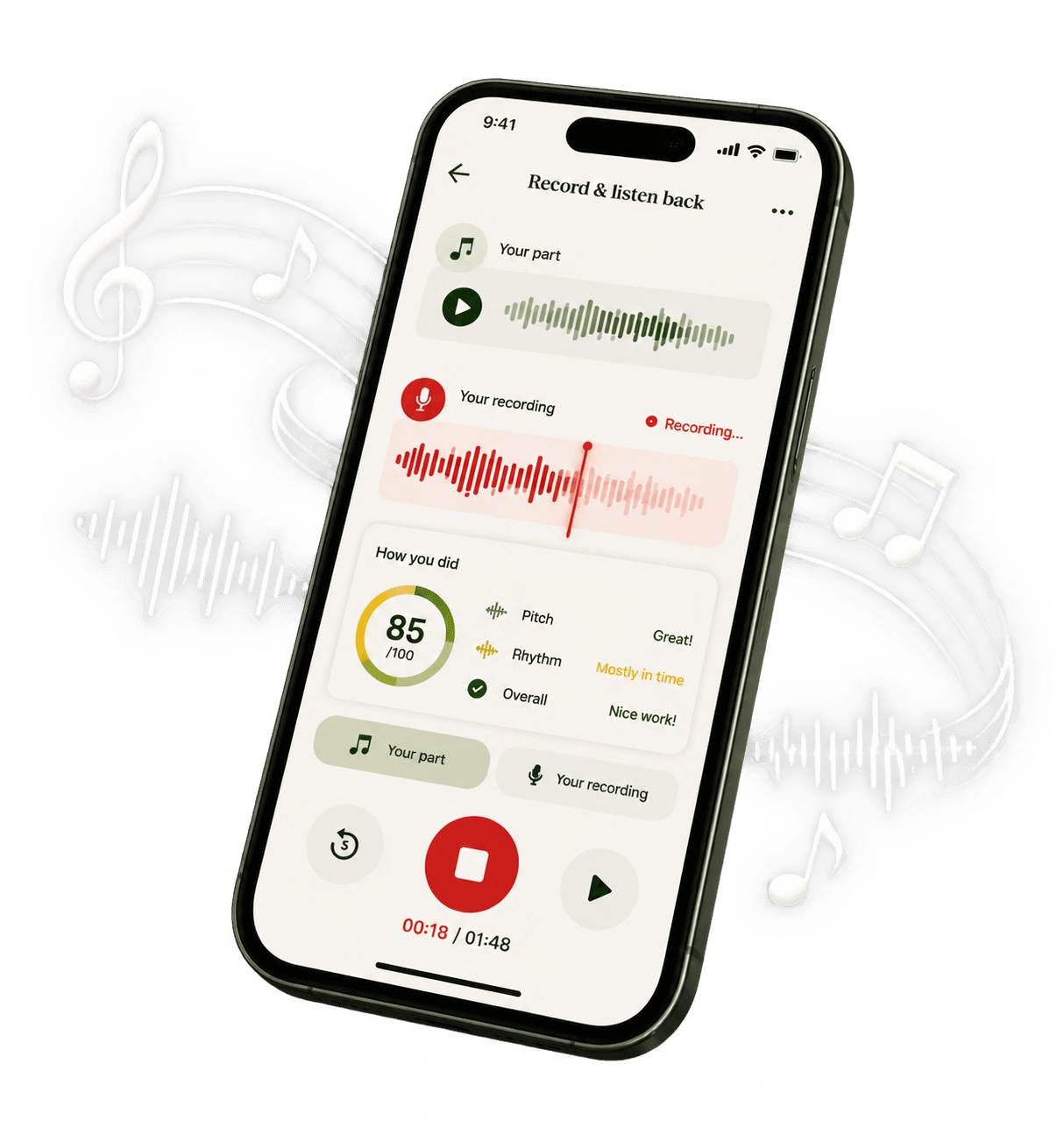 Phone screen recording a singer's voice with a waveform and score