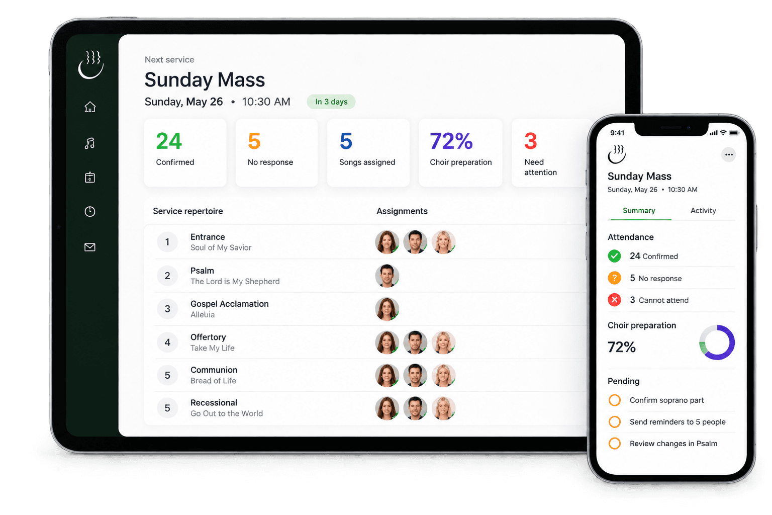 Cantico dashboard showing Sunday Mass readiness on tablet and phone