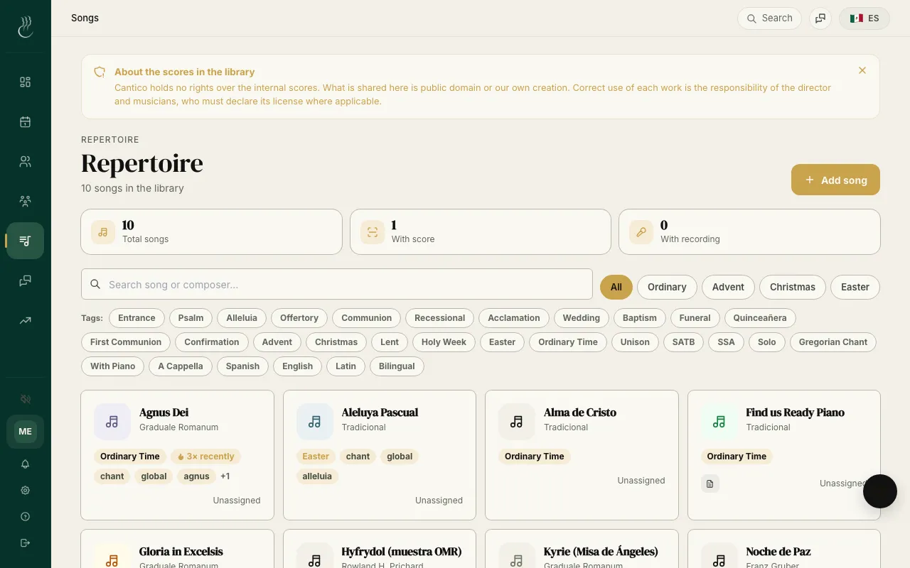 Repertoire library organized by voice part and occasion