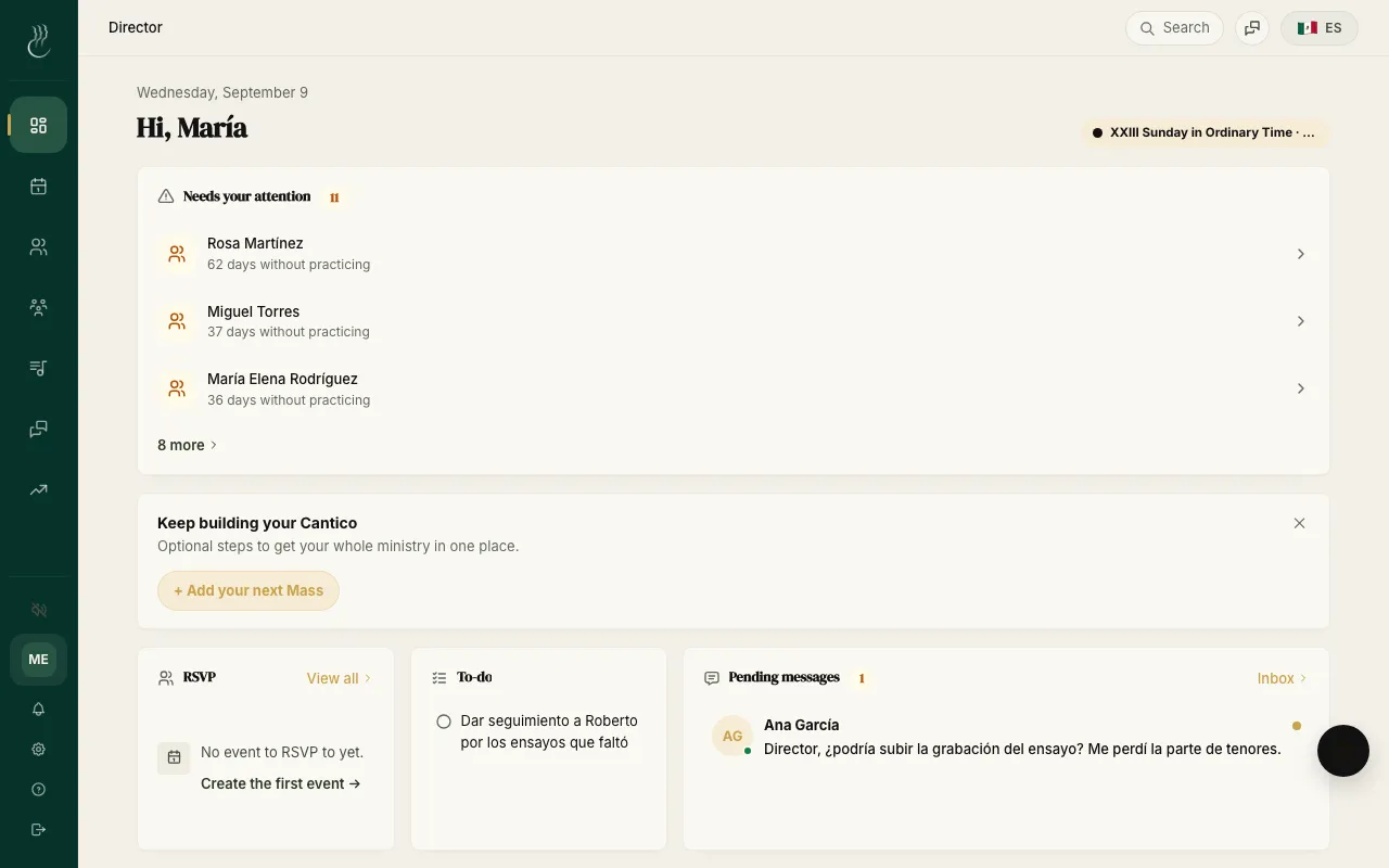 Upcoming service overview showing repertoire and readiness